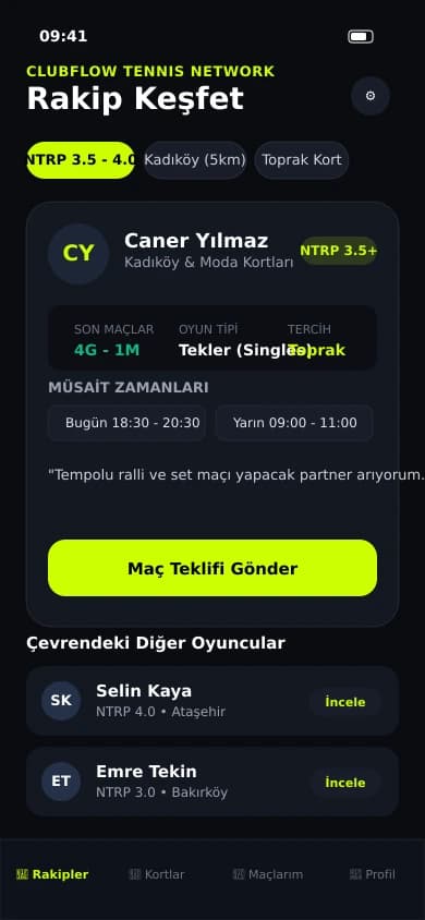 Clubflow tenis rakibi bulma ekranı